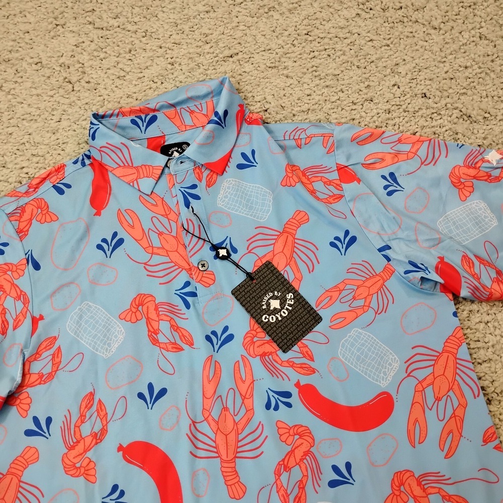 Raised By Coyotes Shirt Mens Small Blue Polo Performance Golf Geometric Crawfish